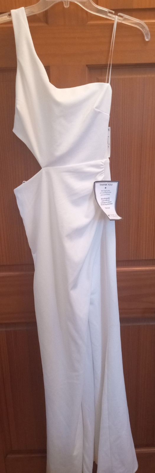 Crystal Doll Juniors’ One-Shoulder Long Gown, Ivory, Size 3, MSRP $79, Cut Out