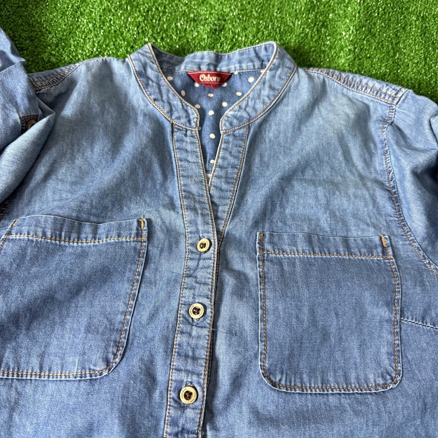 Osborne Chambray Shirt Dress Roll-Tab Sleeve Contrast Cuffs Band Collar Size L
