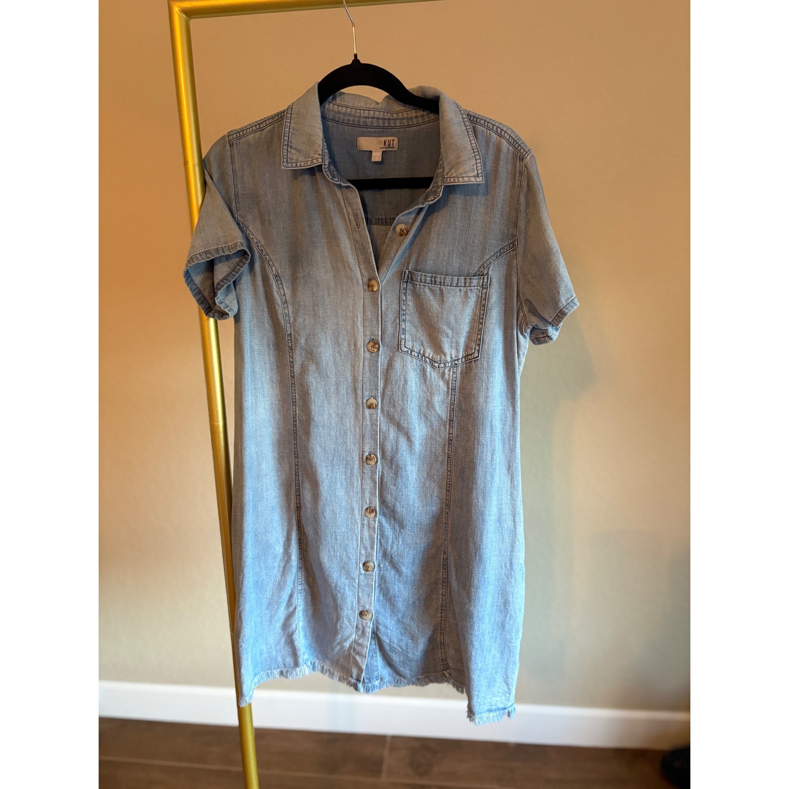 KUT from the Kloth Dress Light Wash Denim Shirt Short Sleeve Frayed Hem Mini M