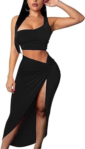 BEAGIMEG Women’s One Shoulder Long Bodycon Slit Skirt 2 Pieces Dress, Black, M