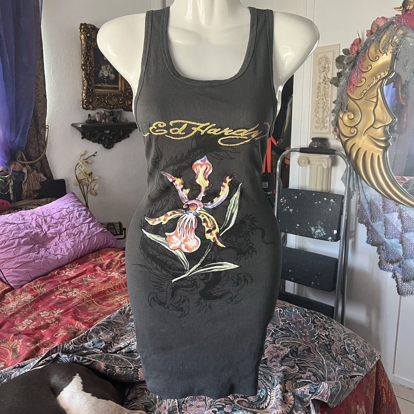 S New Ed Hardy Dress Sleeveless Flower Orchid Y2K Tank Bodycon Mini Gray Ribbed