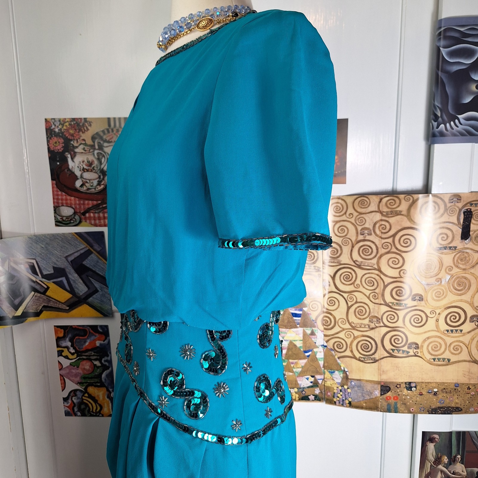 Vintage 80s 90s AJ Bari 100% Silk Sequin Beaded Dress Womens Small Medium Fairy