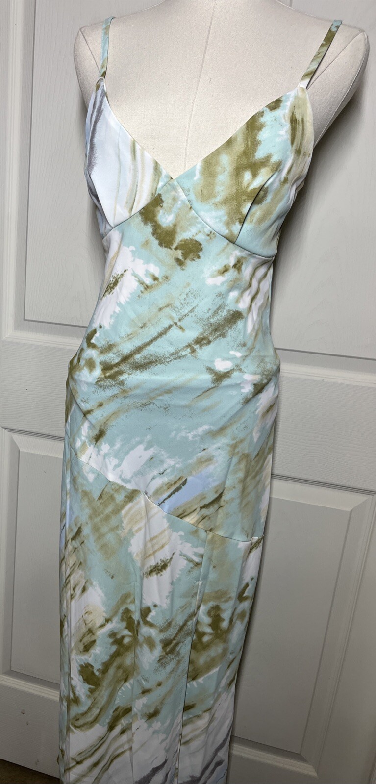 Ekoomay Pastel Blue ,brown,white Maxi Dress Spaghetti Strap Side Slit Size XS