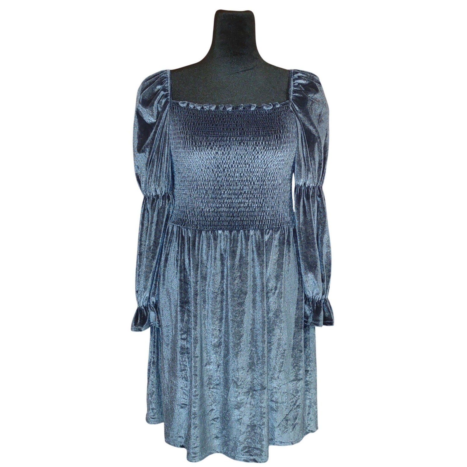 Velvet Milkmaid Smocked Square Neck Peasant Puff Sleeve Mini Dress – Blue XL