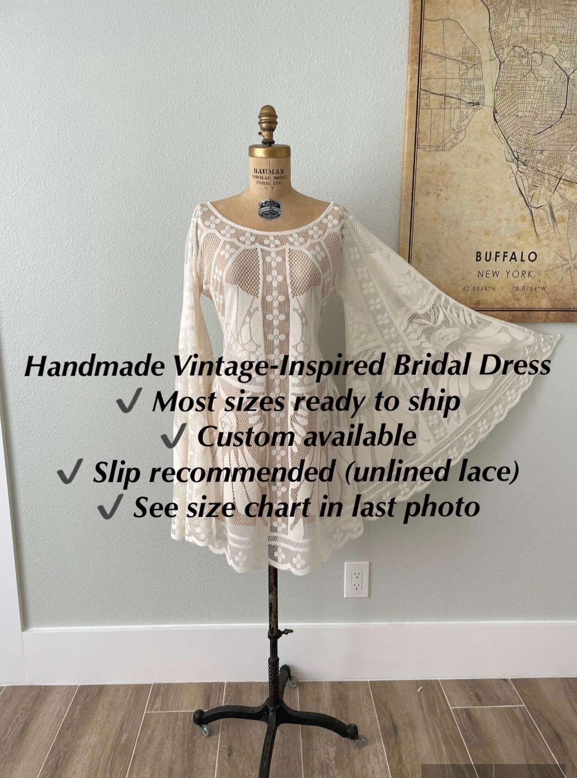 Lace Boho Wedding Dress with Bell Sleeves Elopement XS-3X