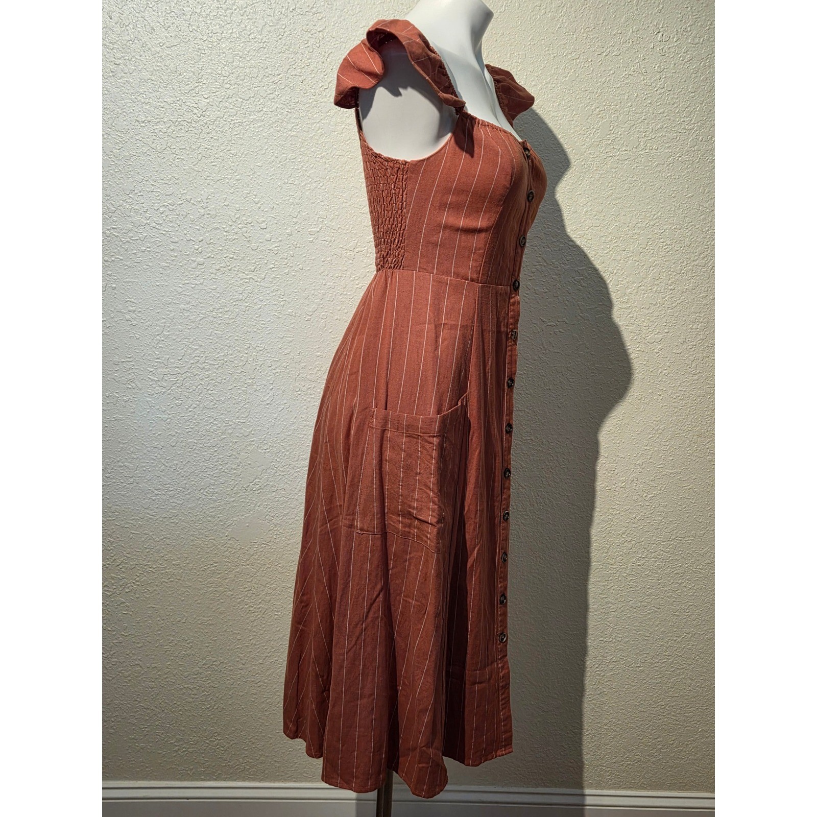 Lulus Rust Orange Pinstripe Linen Blend Button Front Midi Dress Womens Medium