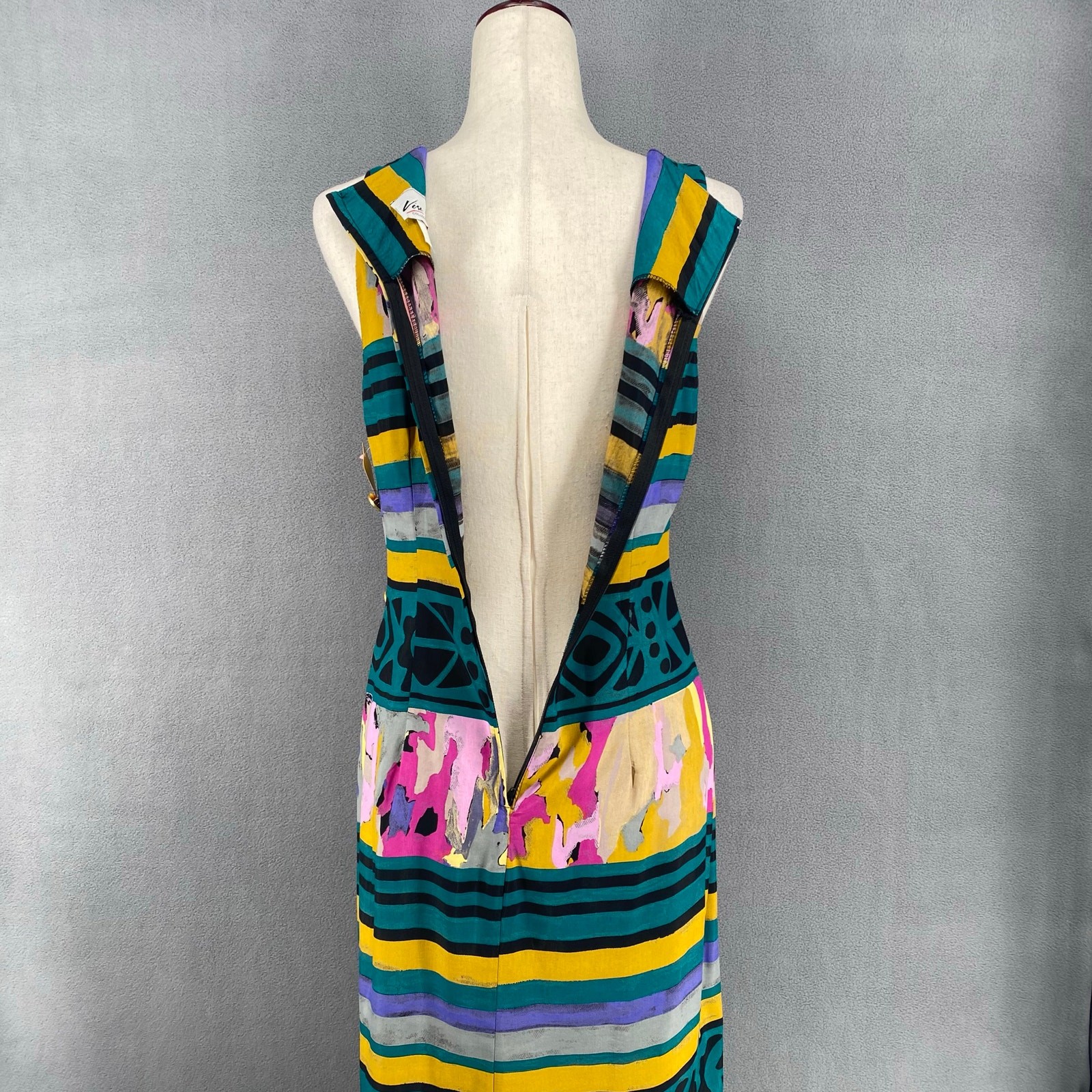 Vtg 80s 90s NOS Artsy Square Neck Sleeveless Pencil Dress S Retro Resort Wear
