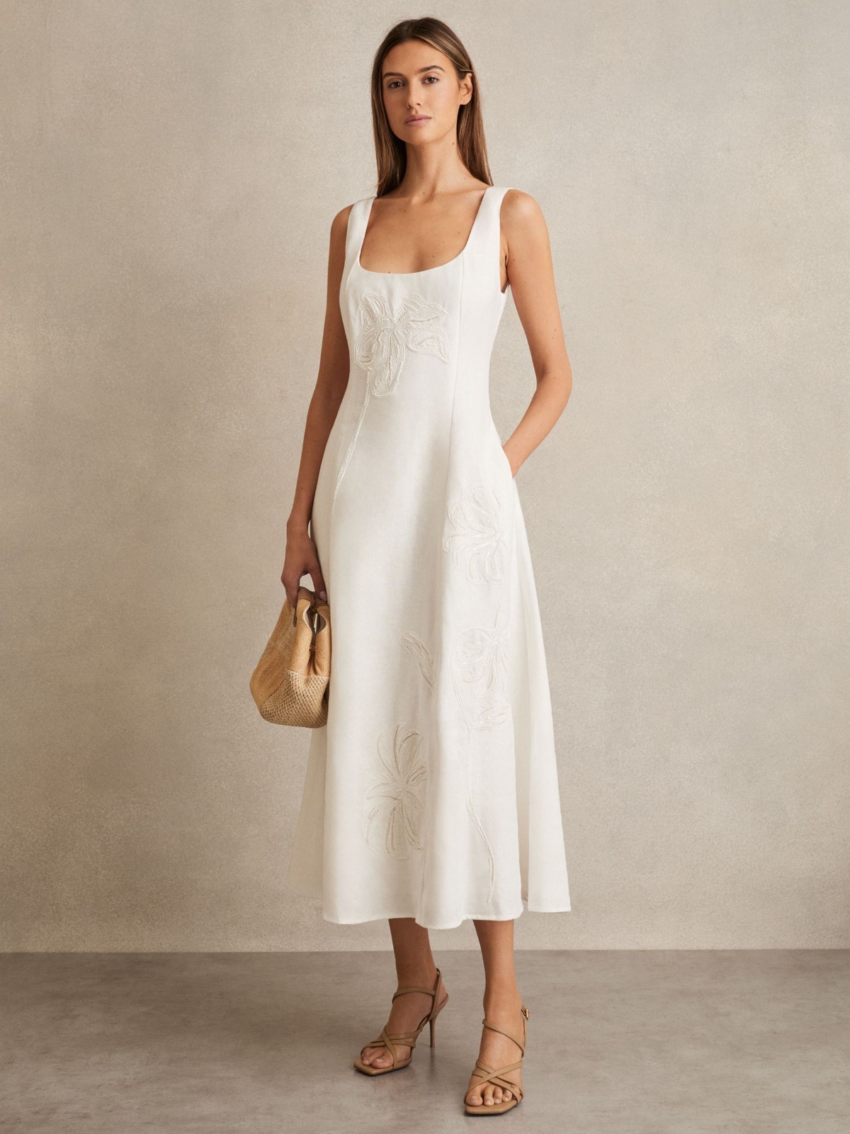 REISS Elise Linen Floral-Embroidered Midi Dress in Ivory UK Size 10