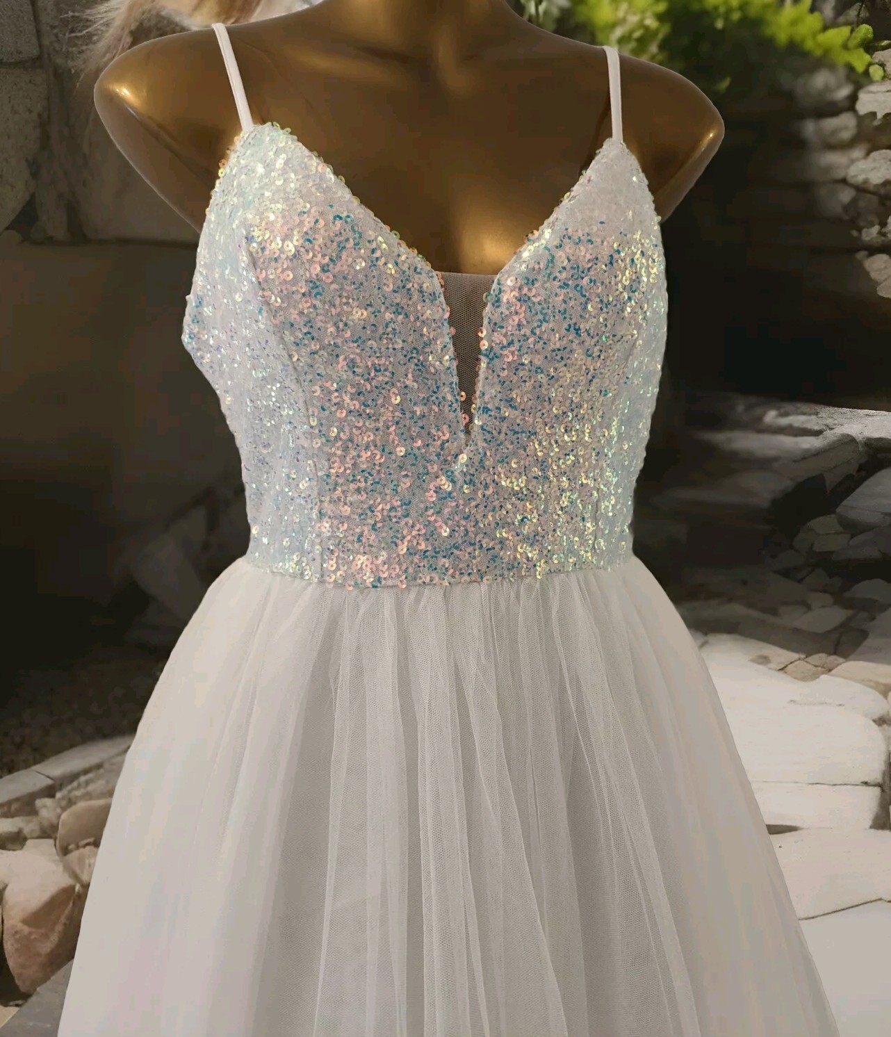 FAERIESTY womens white sequin embellished lace back ballgown dress size 12 prom