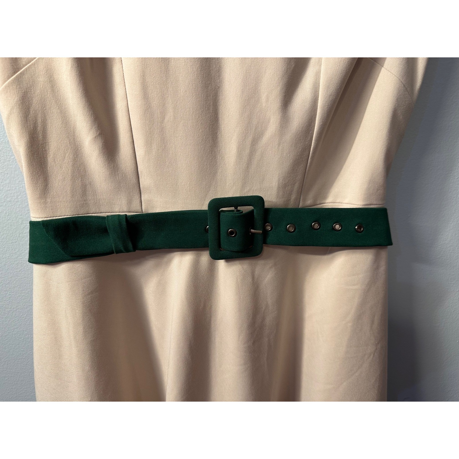 Vintage Style Beige Green Bird Fit Flare Belted Midi Dress Womens Small