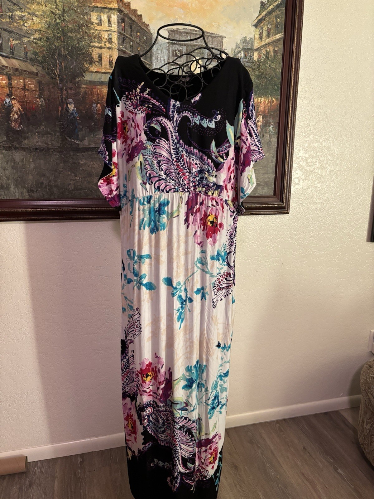 Chico’s Maxi Dress Size 2 Floral Ruffle Scoop Neck Stretch Knit Raglan Multi