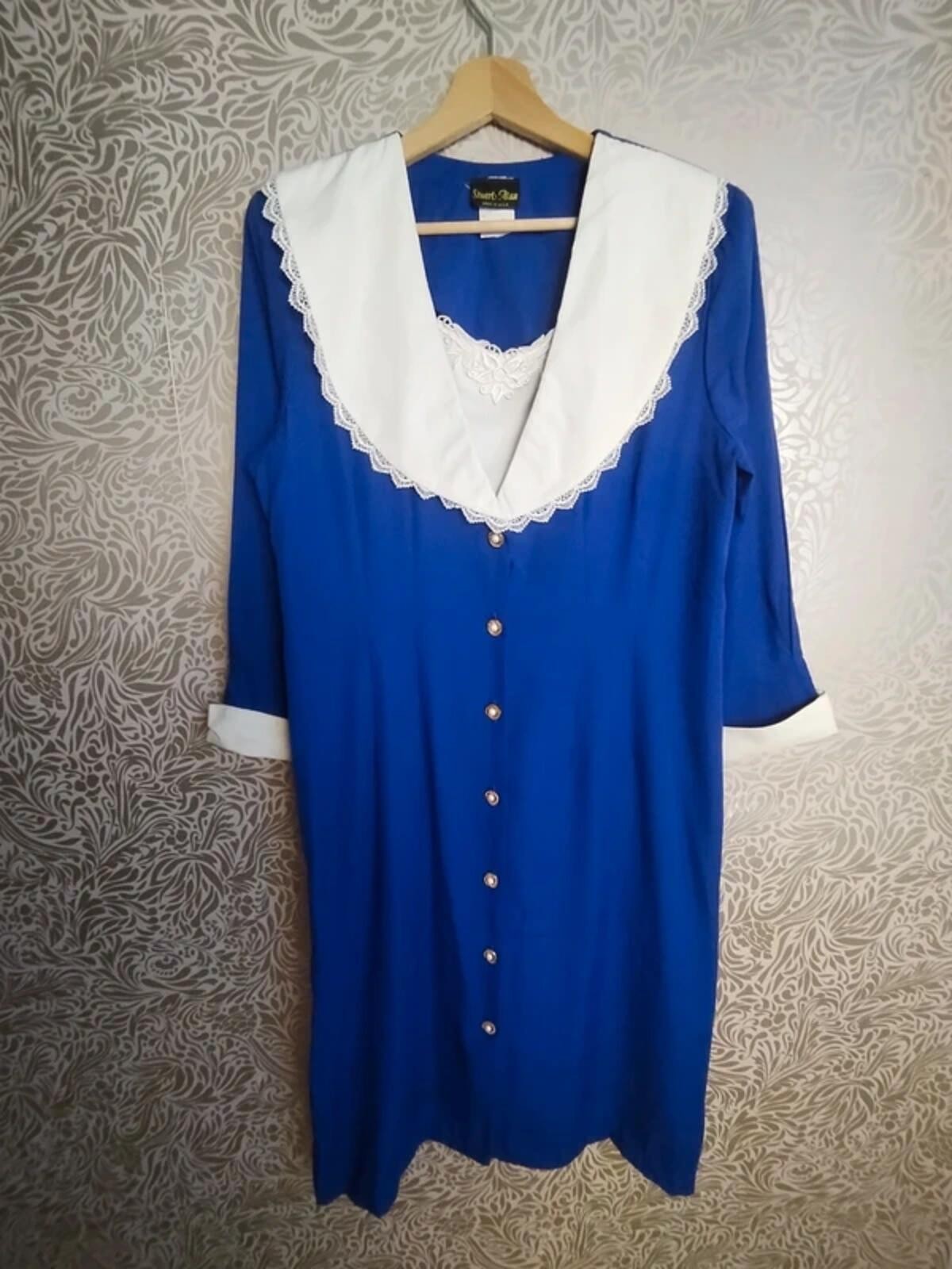 True Vintage Made in USA Royal Blue Button Up Dress Large Collar UK Size 18