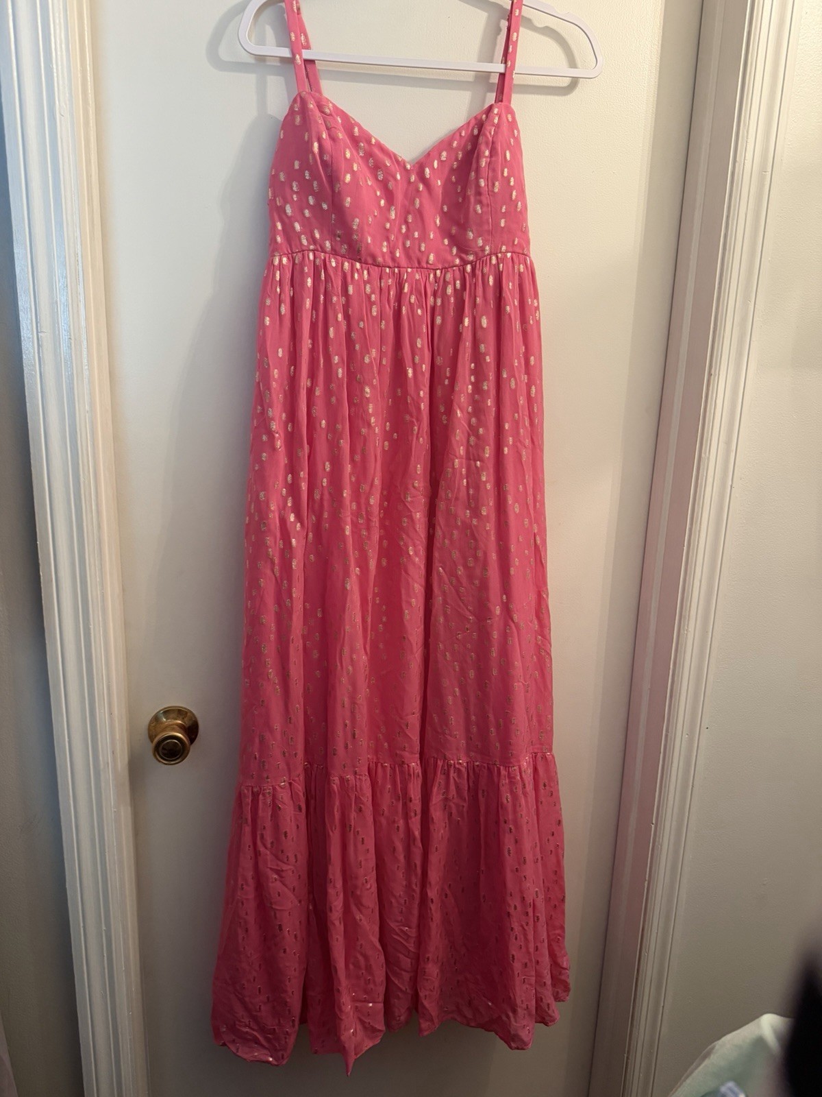 Lilly Pulitzer Pink/Gold Metallic Polka Dot Smocked Chiffon Maxi Dress 10