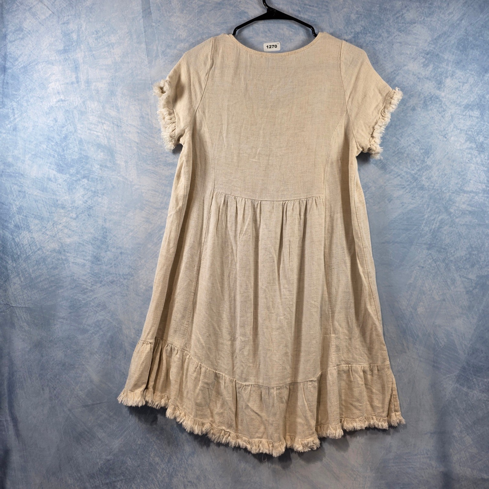 Luminary Fine Collection Womens Linen Blend Fringe Babydoll Dress Beige Small