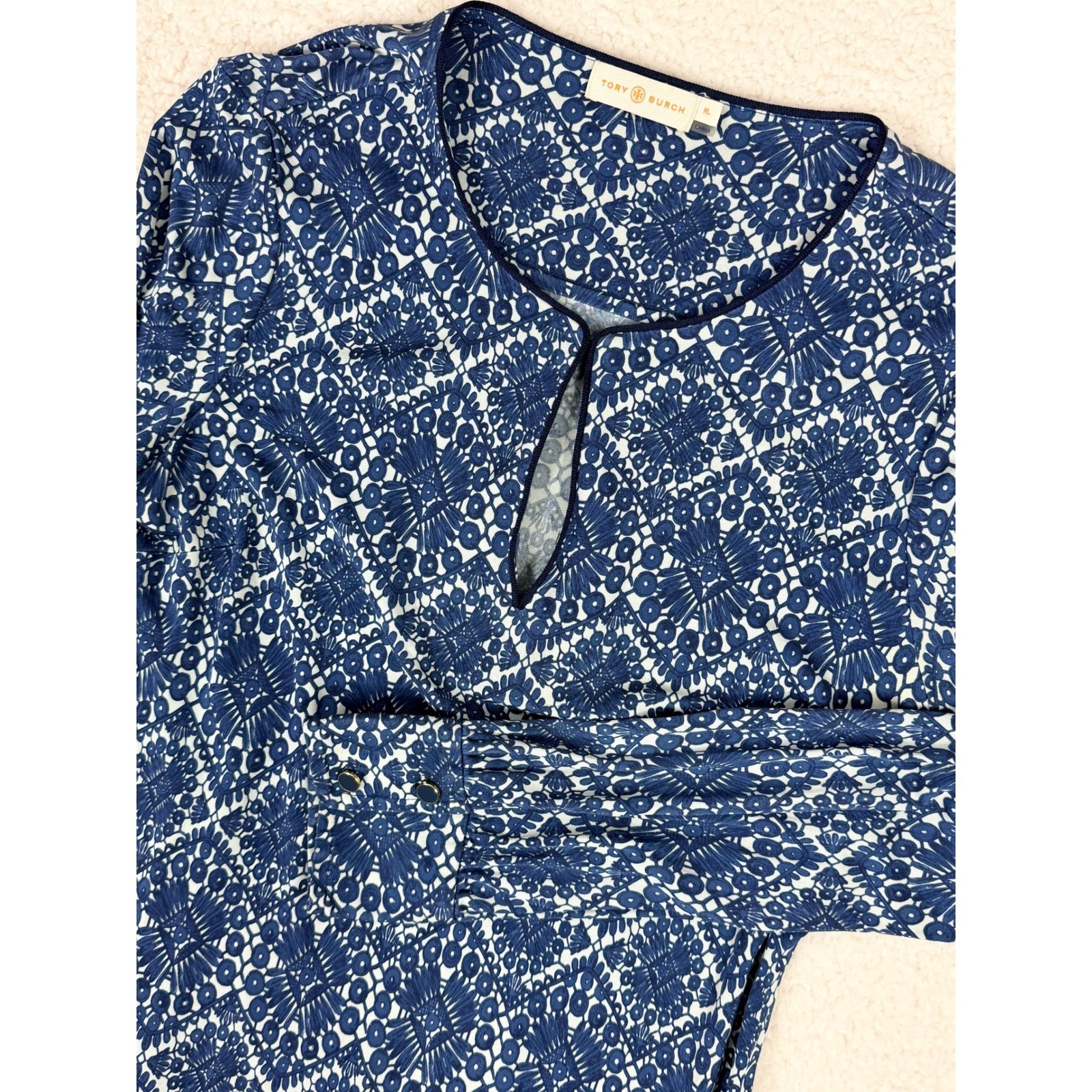 Tory Burch Walker XL Blue Silk Jersey Geometric Tile Print Keyhole Shift Dress