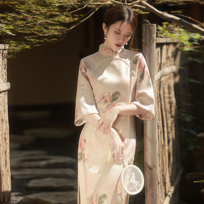 Elegant Modern Improved Cheongsam Dress Women Summer Qipao Mandarin Collar Party