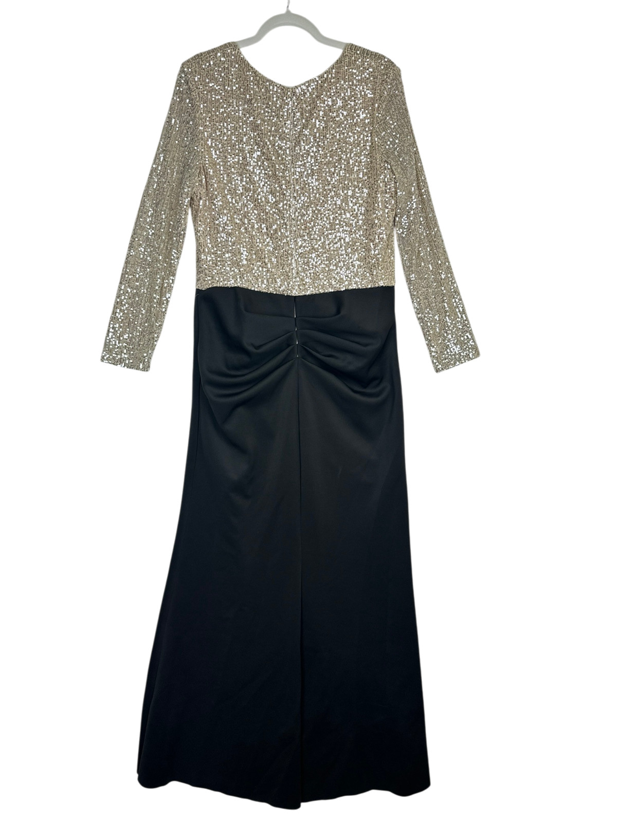 Xscape Sequin Gown 16 Black Silver Nude Ruffled Ruched Long Sleeve NWT $189