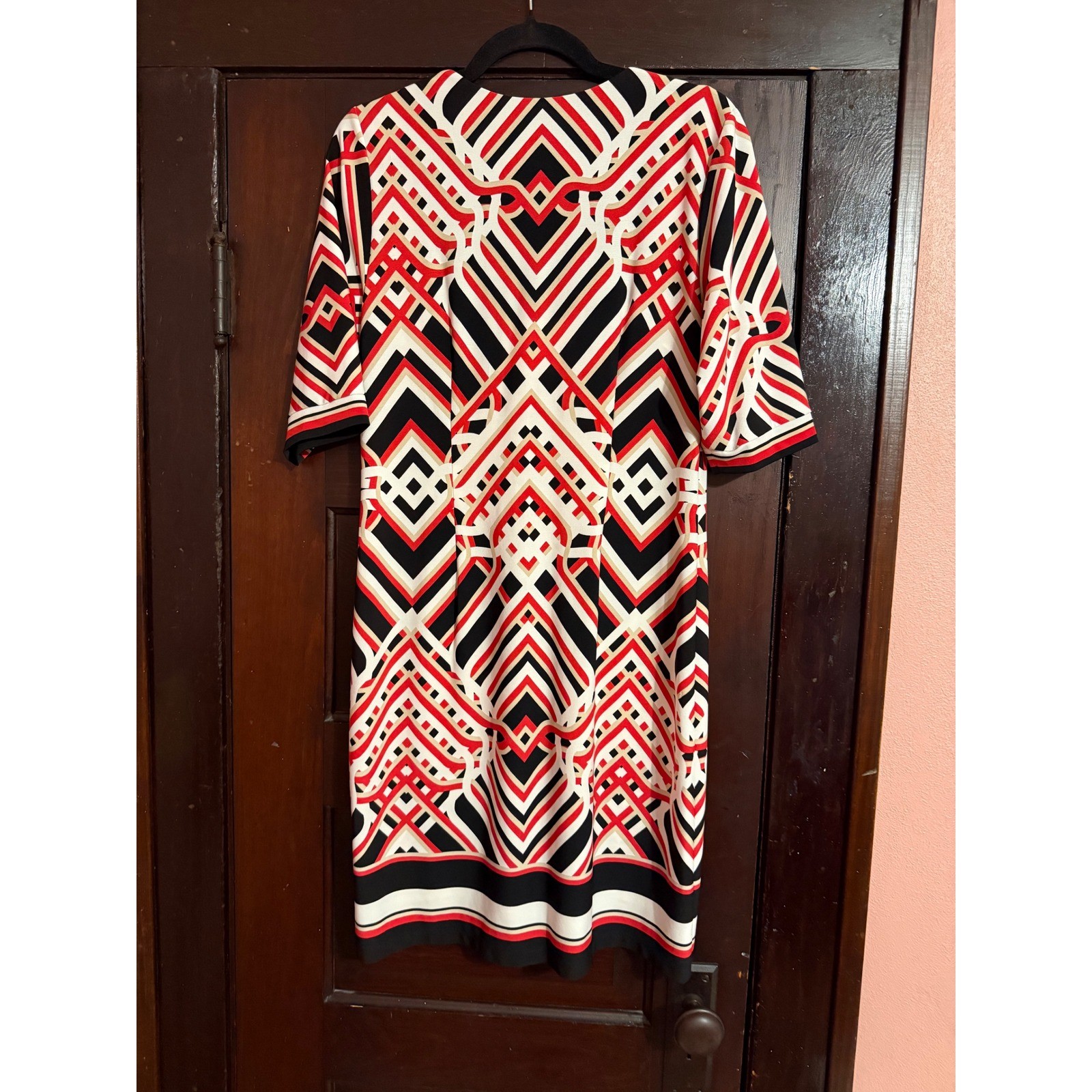 CB Established 1962 Red Black White Geometric V-Neck Sheath Dress Size 8