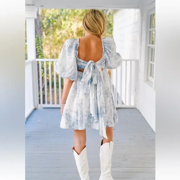 Sofie The Label Blue Floral Puff Sleeve Open Back Melody Mini Dress M Cottage