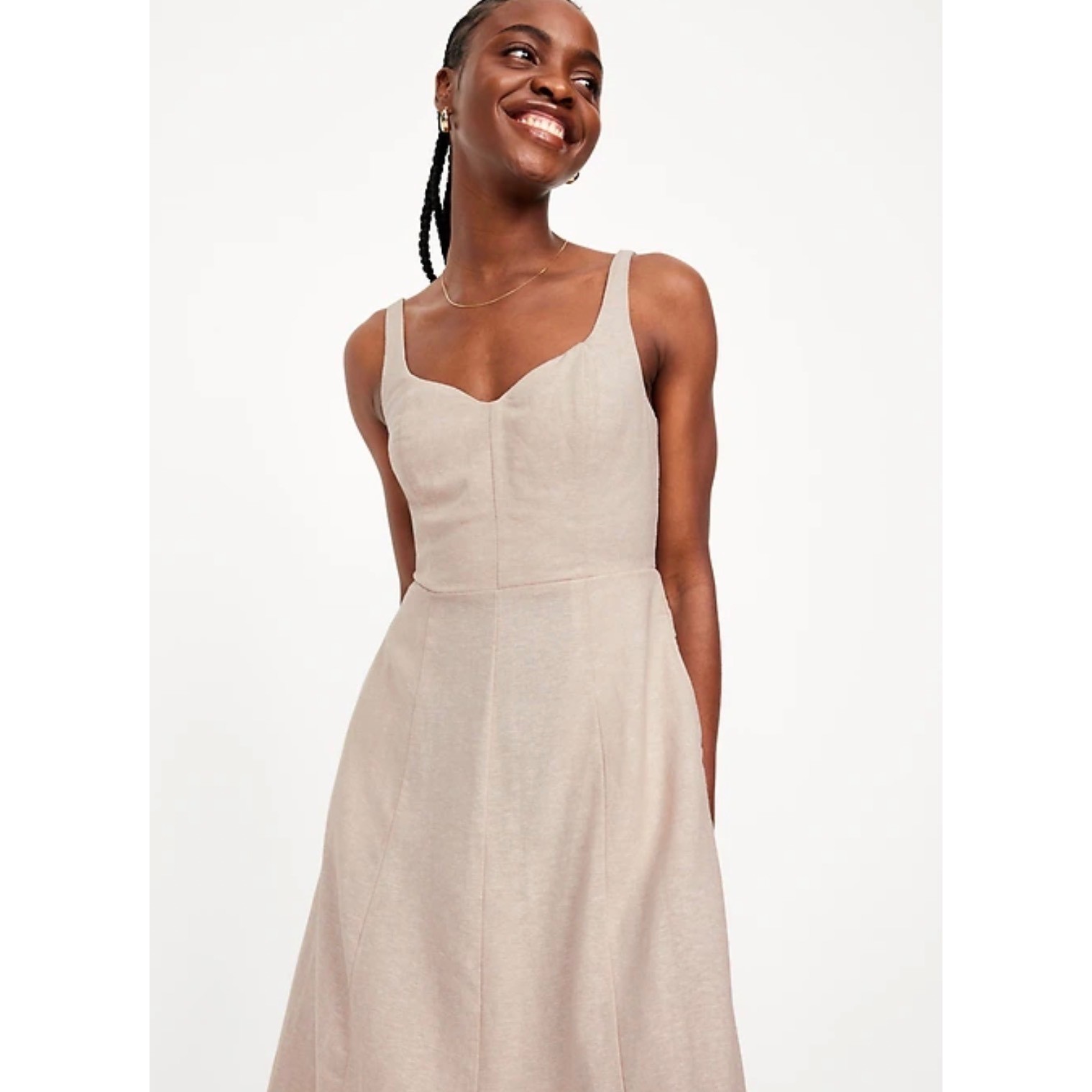 Old Navy Fit & Flare Sleeveless Linen Midi Dress S Beige Notch Neck Smocked Back
