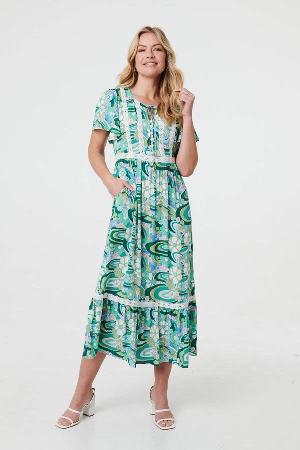Izabel ABSTRACT LACE TRIM TIE NECK MIDI DRESS IN GREEN Size 14 New