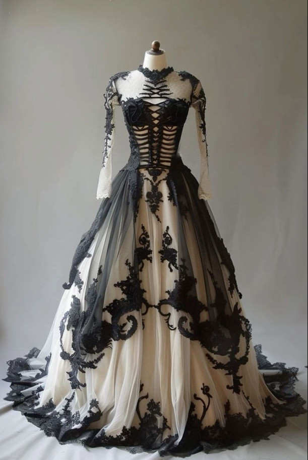 Black Champagne Prom Dresses Fantasy Floral Lace Appliques A Line Victoria