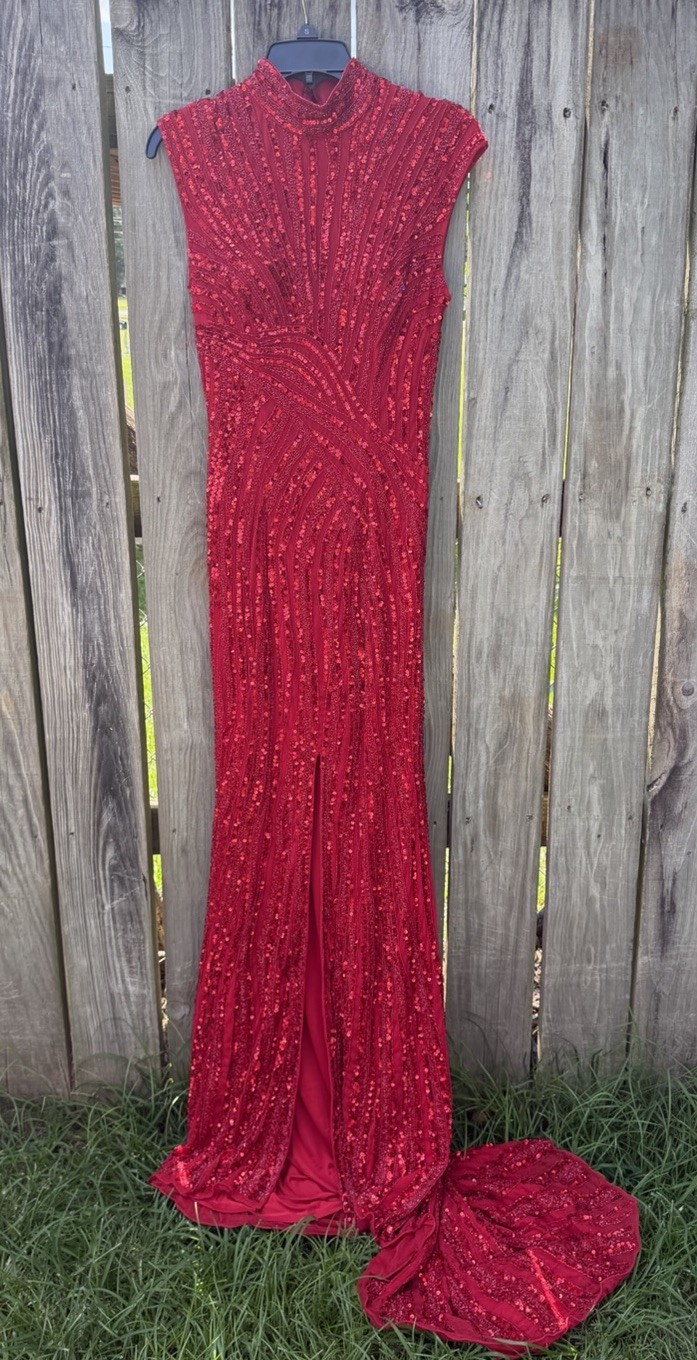 Ashley Lauren Red Sequin Beaded High Neck Sleeveless Long Formal Gown Size 6