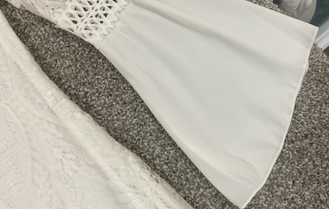 Eilly Bazar White Crochet Lace Boho Bell Sleeve Cottage Prairie Mini Dress Sz S
