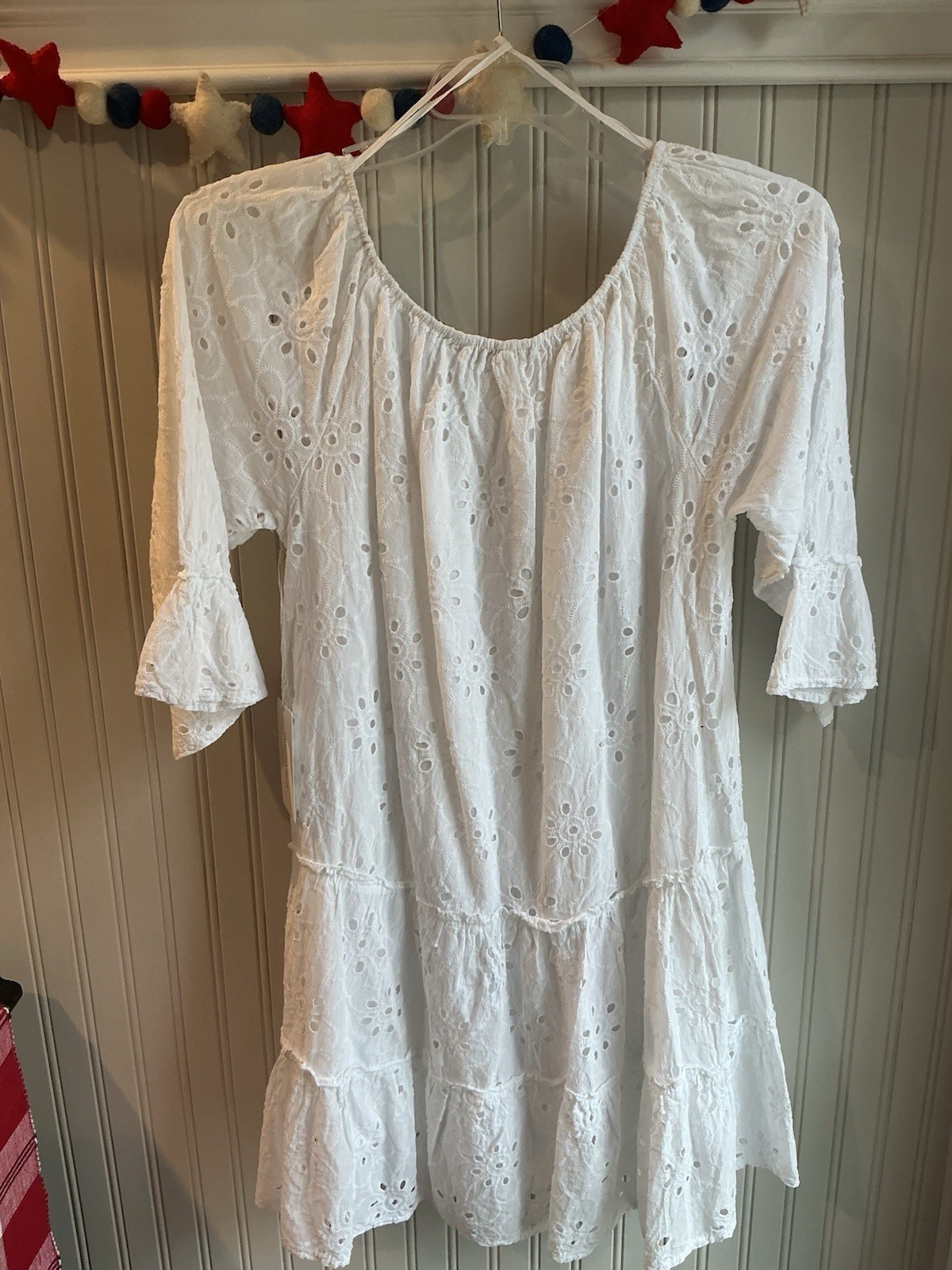 VALENTINA NALDI, EMBROIDERED EYELET, TIERED DRESS, LINED, WHITE, COTTON, NWT.