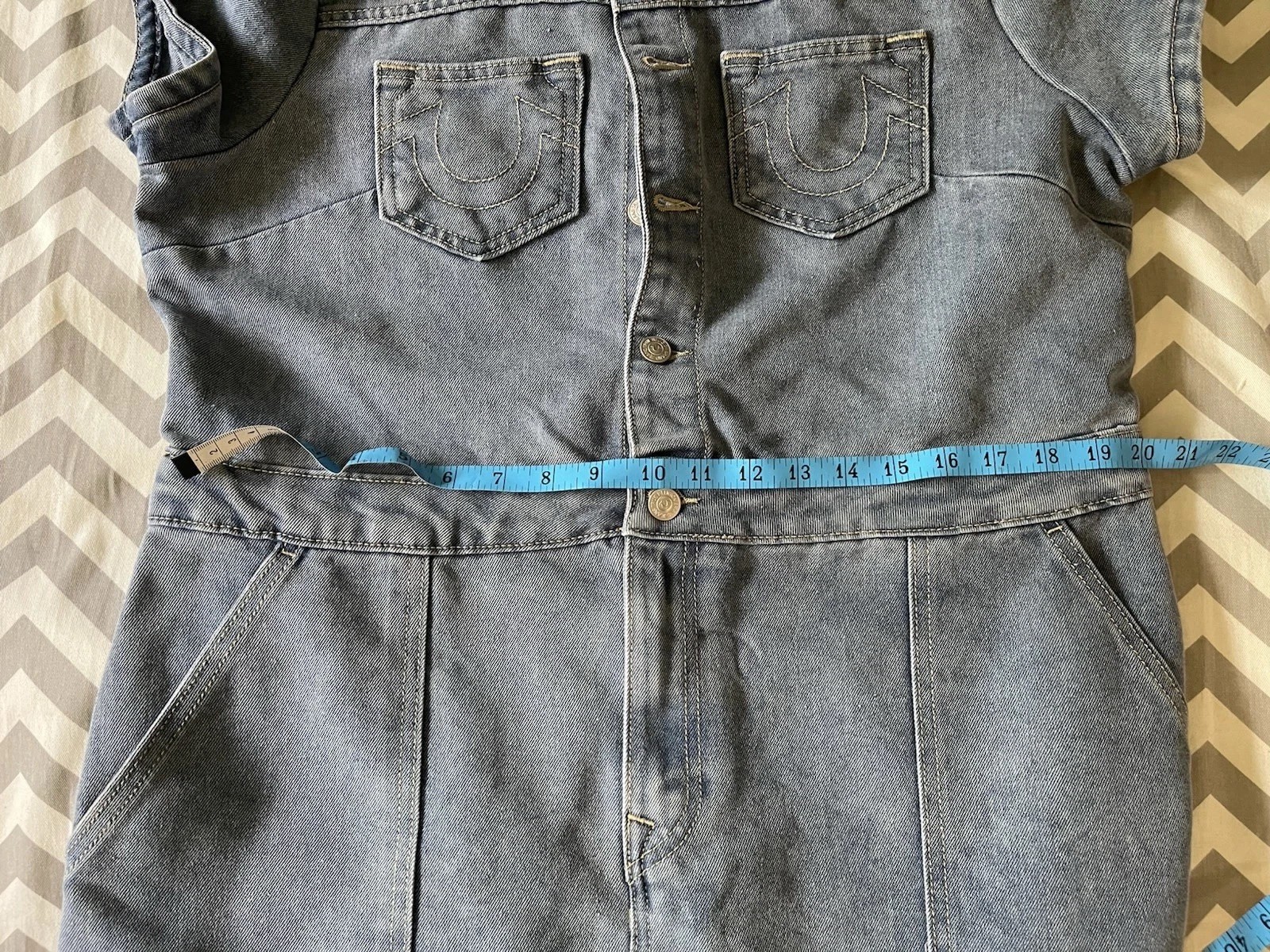 TRUE RELIGION Denim Button Front Mini Dress Light Wash Women Ladies XL $159