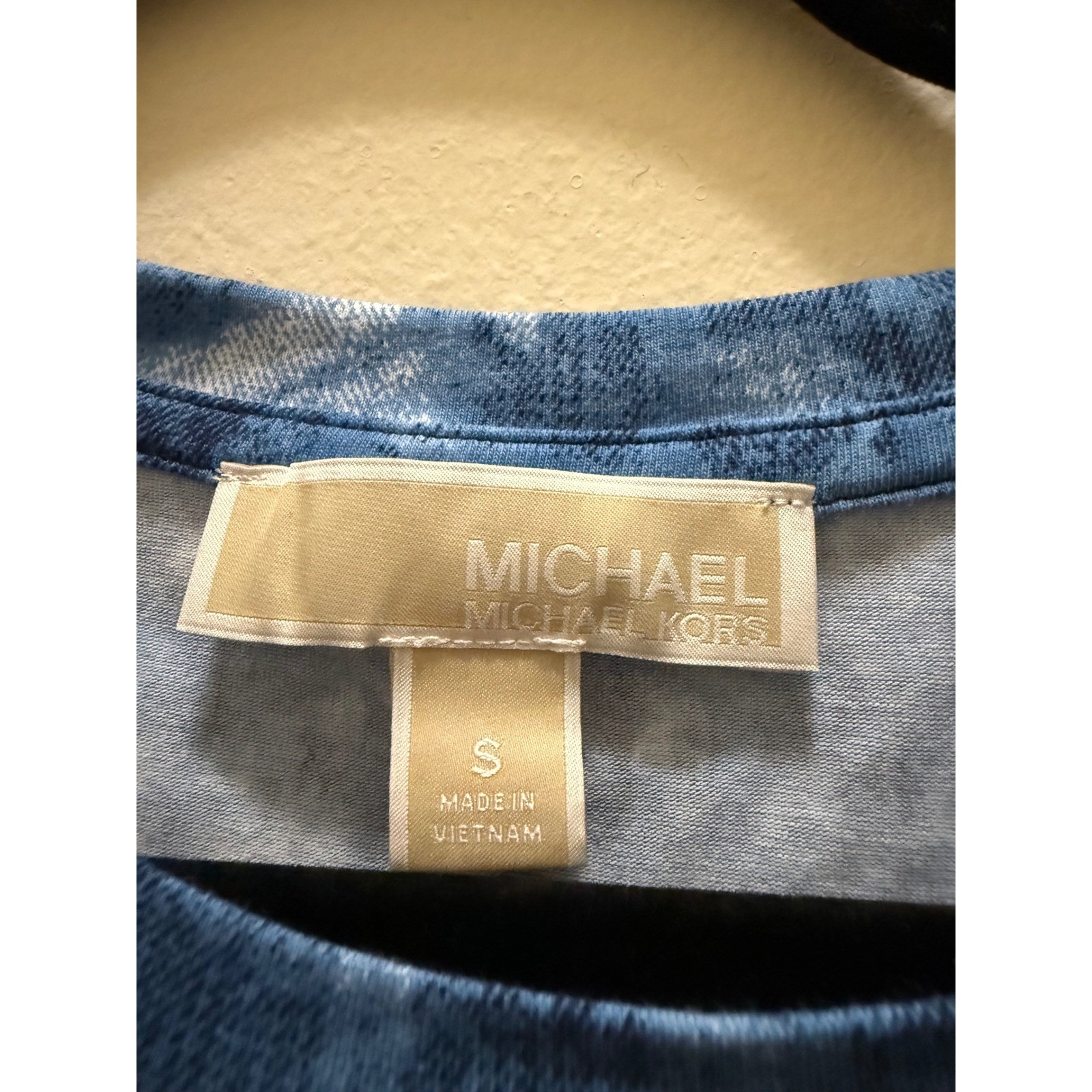 Michael Kors Sun Waves Ruched Bodycon Midi Dress Blue Tie Dye Stretch – S