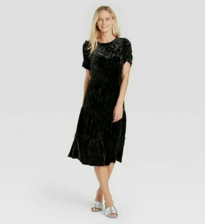 Who-What-Wear, Short Ruched Sleeve, Tiered Velvet Evening Dress, Black, Sz XXL