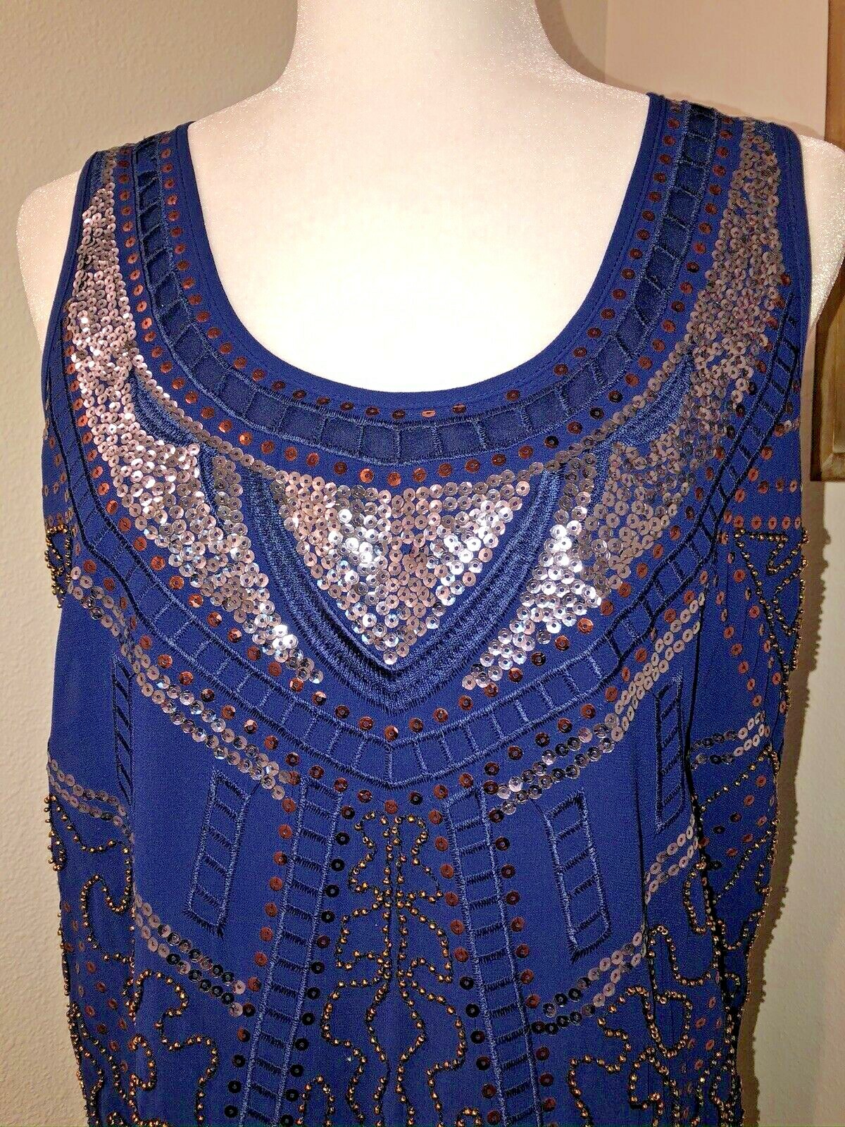 Navy Blue Beaded Sequined Sheath Evening Dress~S~ Cocktails Art Deco Flapper NWT