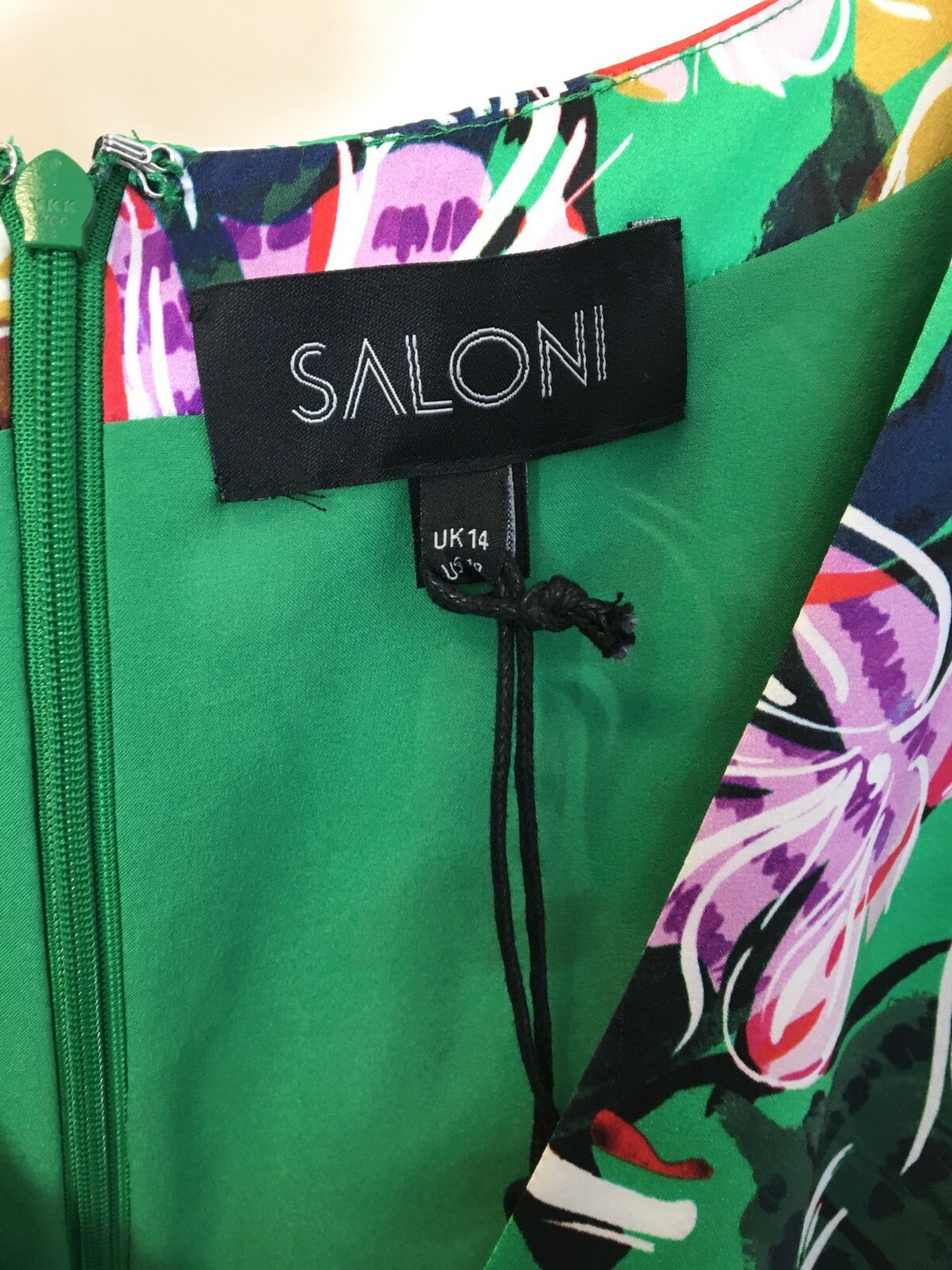 SALONI Green Floral Botanical Print EDEN Satin Silk Hi-Slit Midi Dress 10US 14UK
