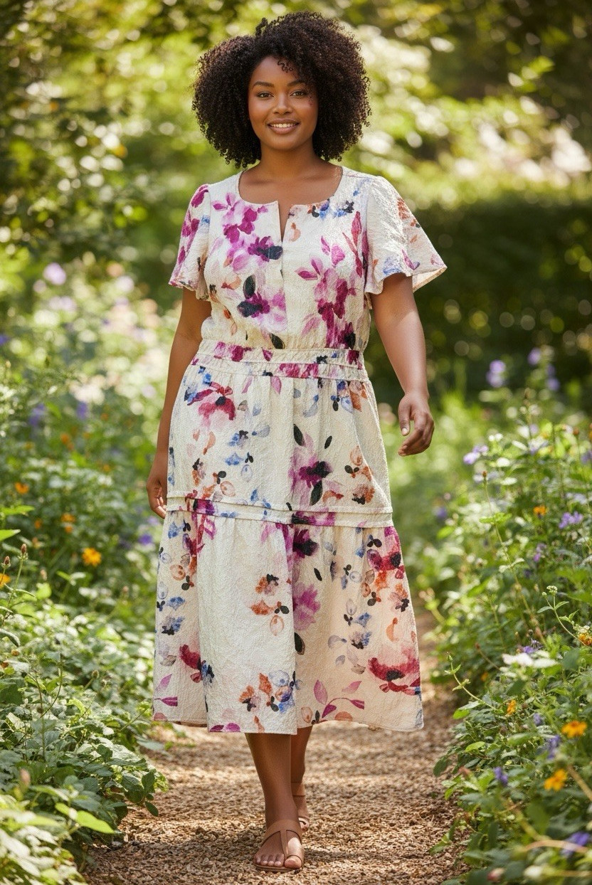 Lane Bryant Ivory Purple Floral V-Neck Textured Tiered Flutter Midi Dress 18/20