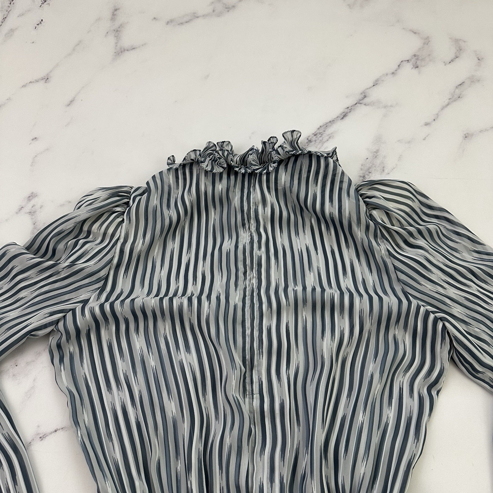 Connections Womens Vintage 80s Blouson Dress Size M Gray Silver Stripe Sheer