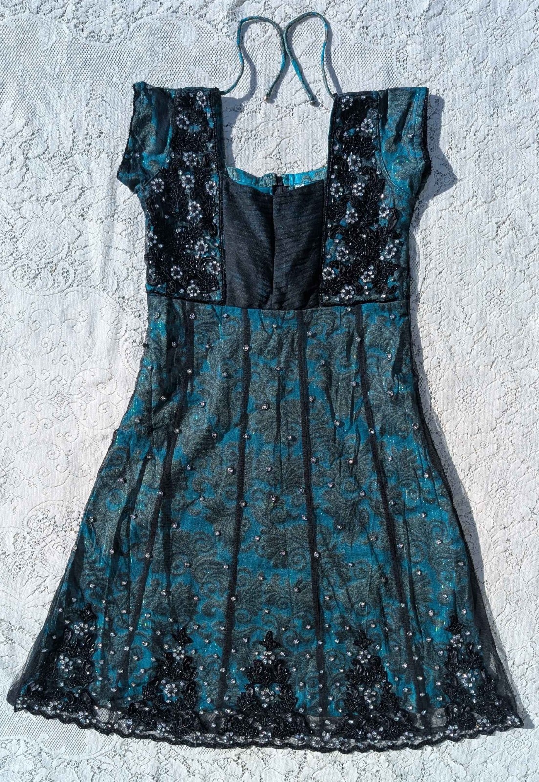 Gothic Ethnic Lace Black Blue Green Beaded Embroidered Rhinestone Salwar Top