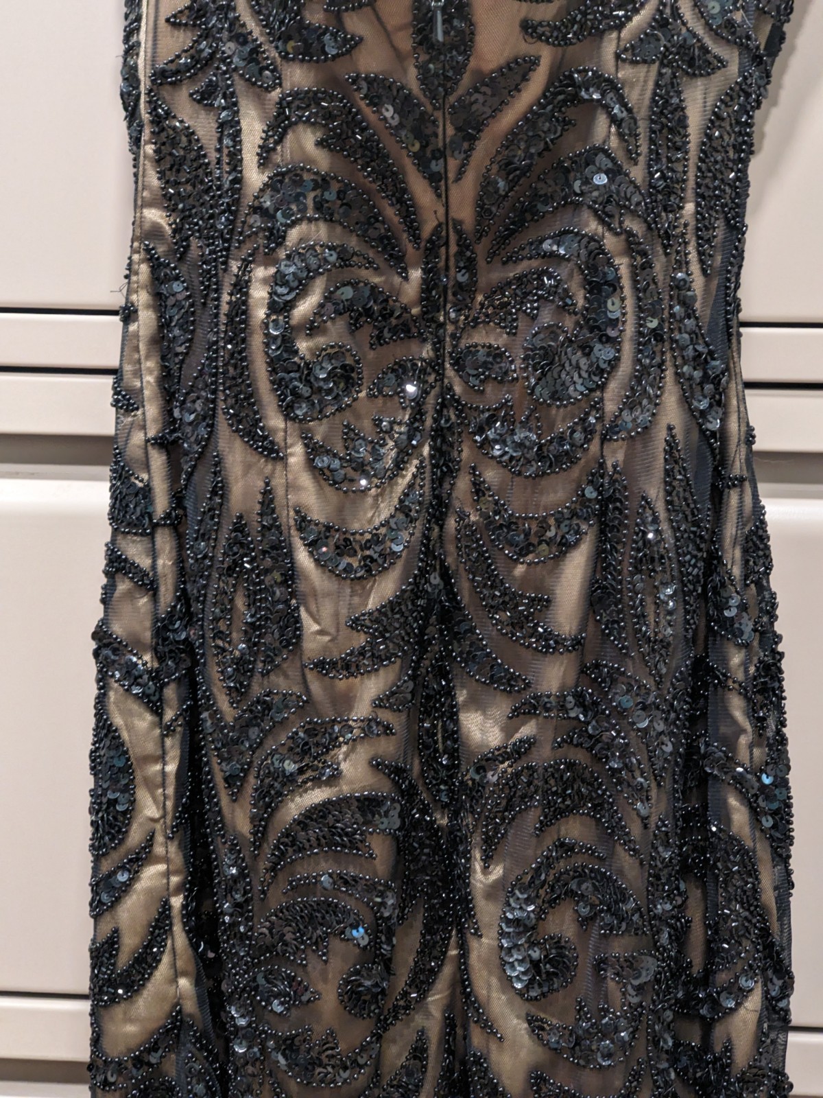 Scala Sequin Silk Beaded Mini Dress Sz 8 Strapless Sweetheart Neckline Black