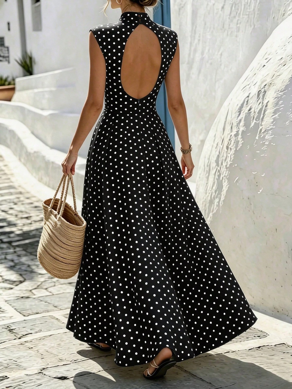 Elegant Polka Dot Pattern Backless Long Dress for Women