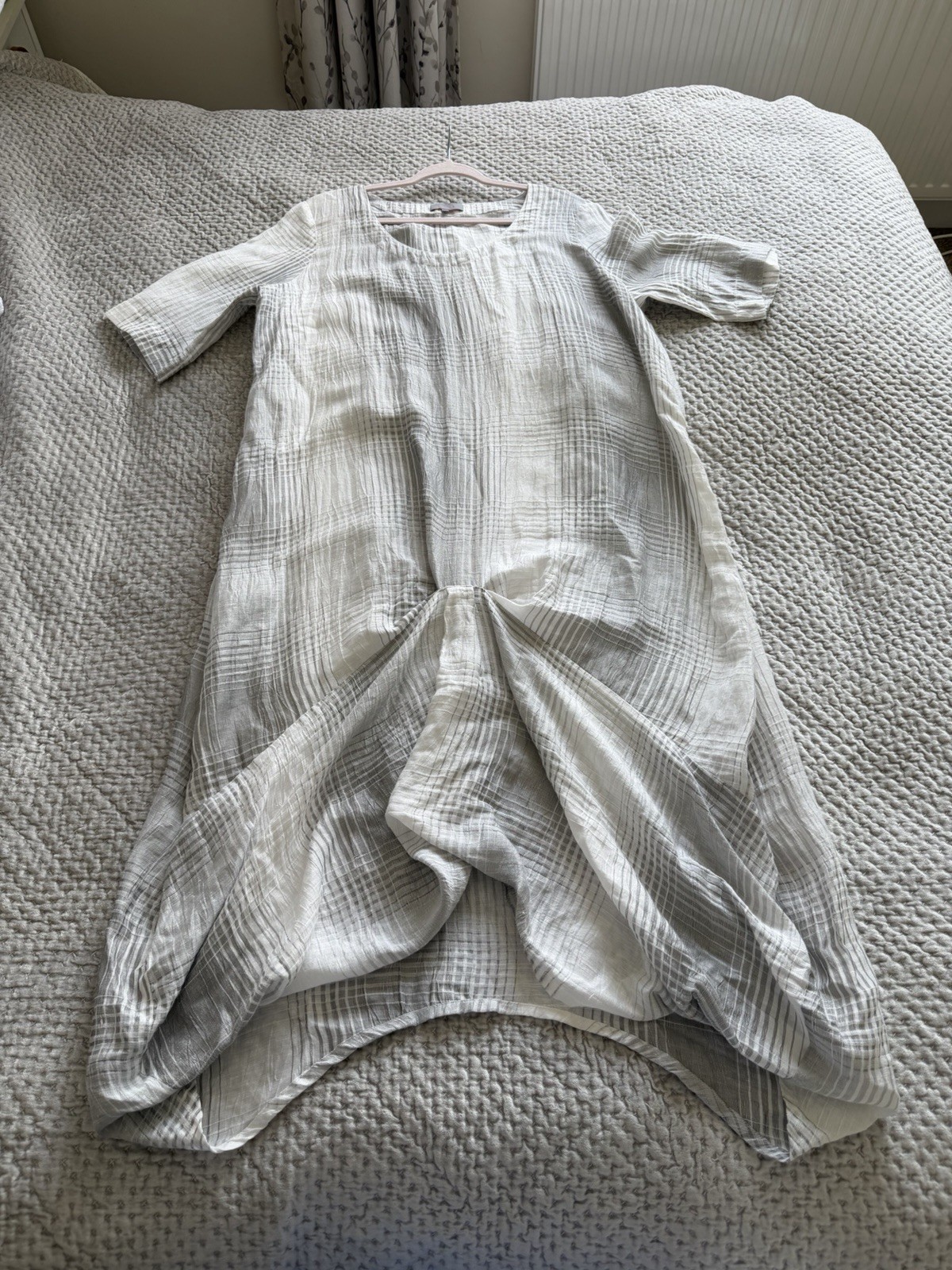 Sahara White Grey Check Lightweight Linen Blend Midi Dress Size XL Lagenlook
