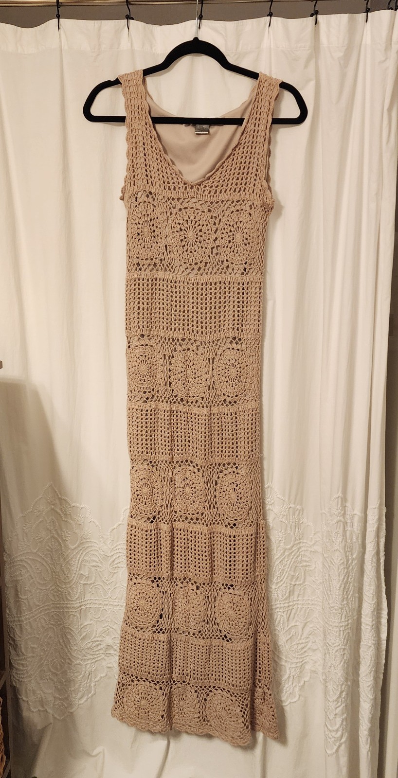 Vintage Spiegel Tan Lined Crocheted Sleeveless Dress Size Medium Boho…