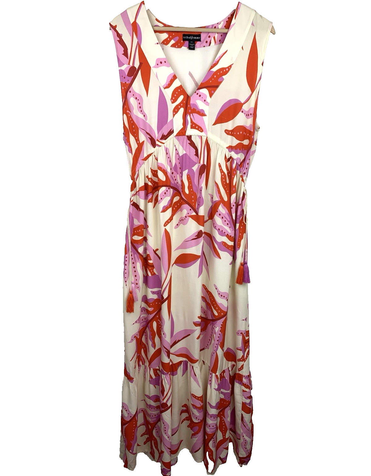 Tribal Femme Drawcord Waist Maxi Dress Size L Floral Sleeveless V-Neck Pockets