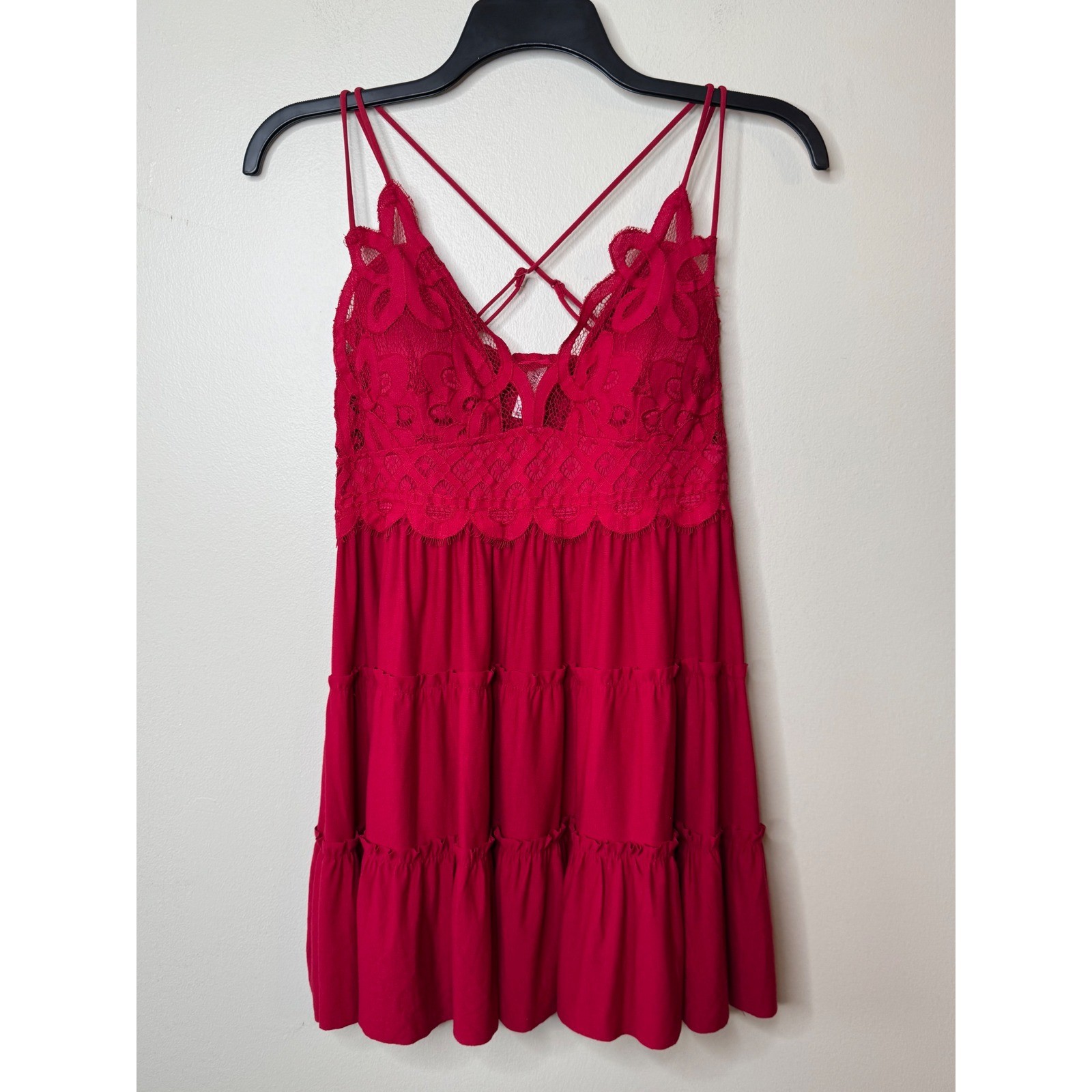 Zenana Red Lace Tiered Mini Dress Boho Strappy Ruffle