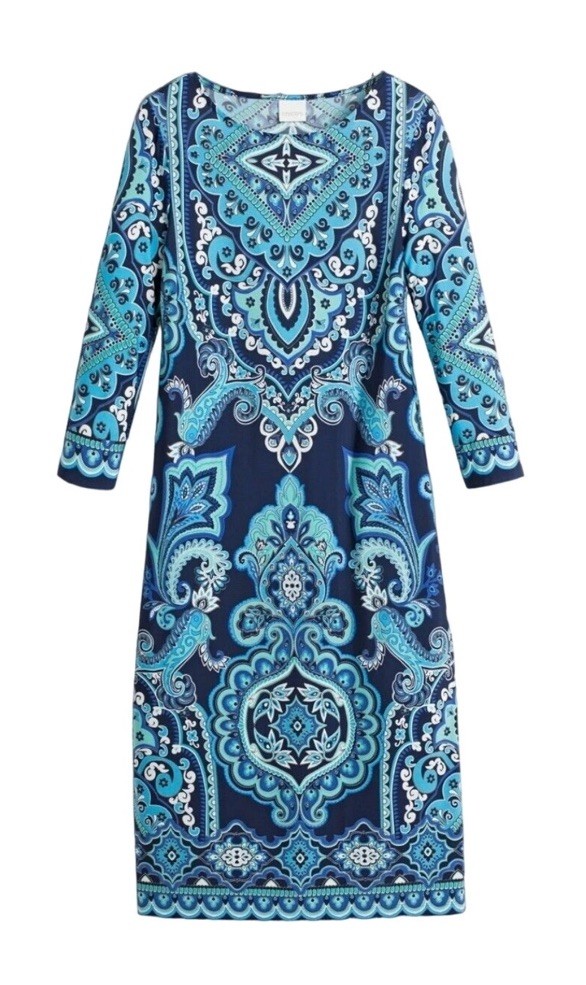 Chico’s Paisley Print Short Dress Size 0/Small/4 Blue Combo 3/4 Sleeve $129
