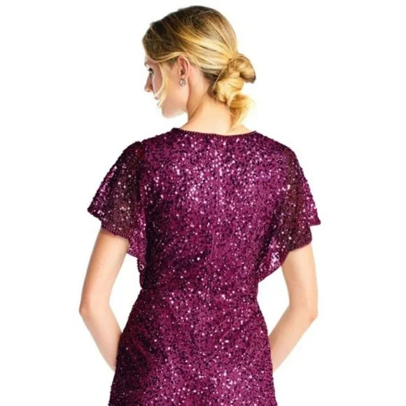 ADRIANNA PAPELL Sequin Beaded Flutter Sleeve Scallop Trim Cocktail Dress, 0P