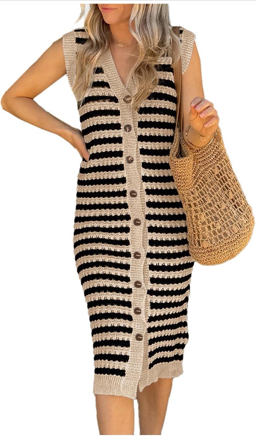 BLENCOT Women’s V Neck Striped Summer Tank Dress Causal Sleeveless Button Cardi