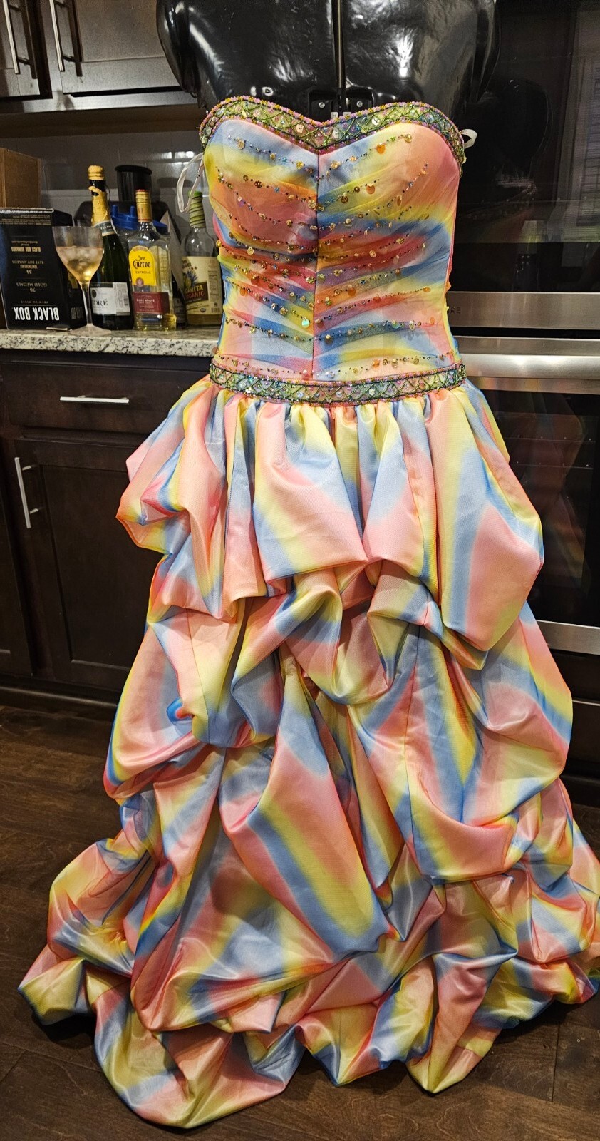 Xcite Pink Yellow Blue Beaded Sequin Pleated Multicolor Rainbow Ballgown 8