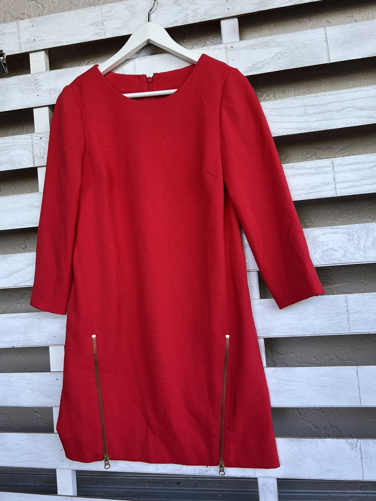 J Crew Dress Sheath Shift Exposed Zippers 3/4 Sleeve Boatneck Red.