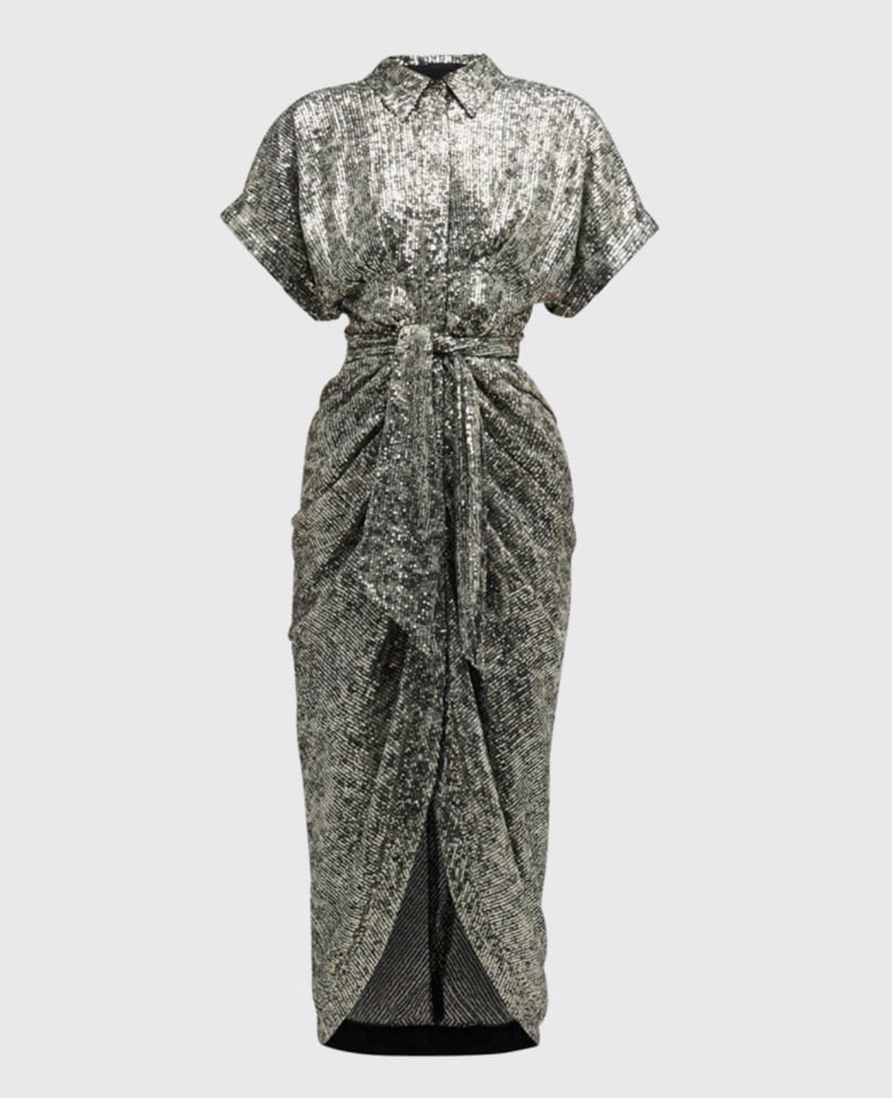 Le Superbe S Silver/Black Sequin Mesh Collared Button Front Maxi Long Dress