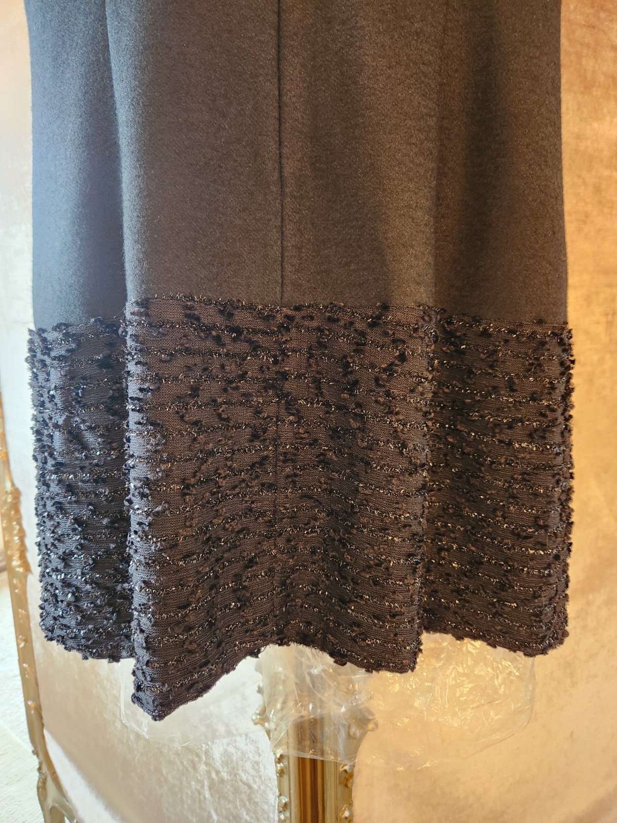 PORT International black wool blend and shimmering fabric appliqué handwork 12